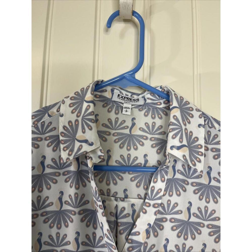 Express Portofino Shirt Slim Fit Blue Peacock Print Long Sleeve Small - Picture 2 of 8